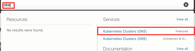 OCI console OKE search