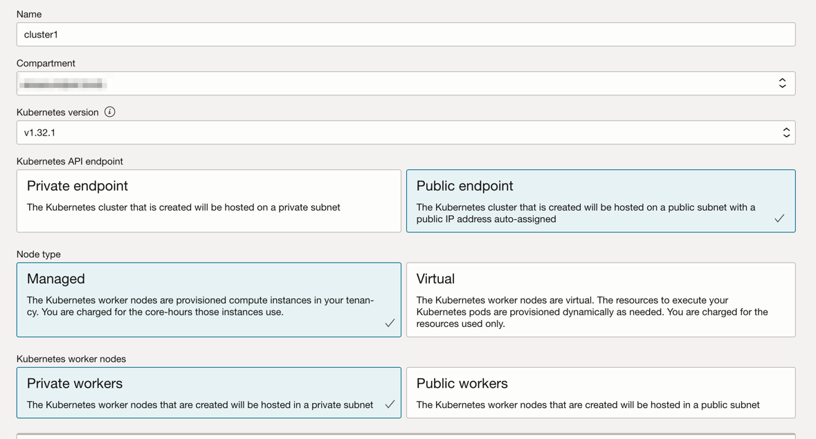 OKE cluster creation settings - Part 1
