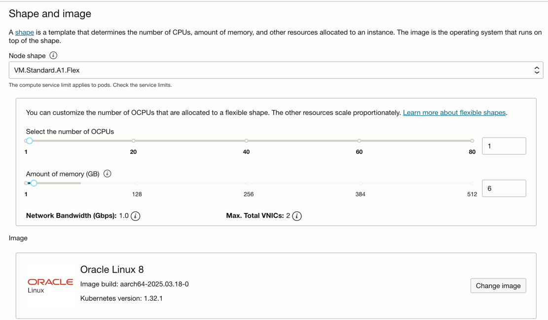 OKE cluster node shape and image settings