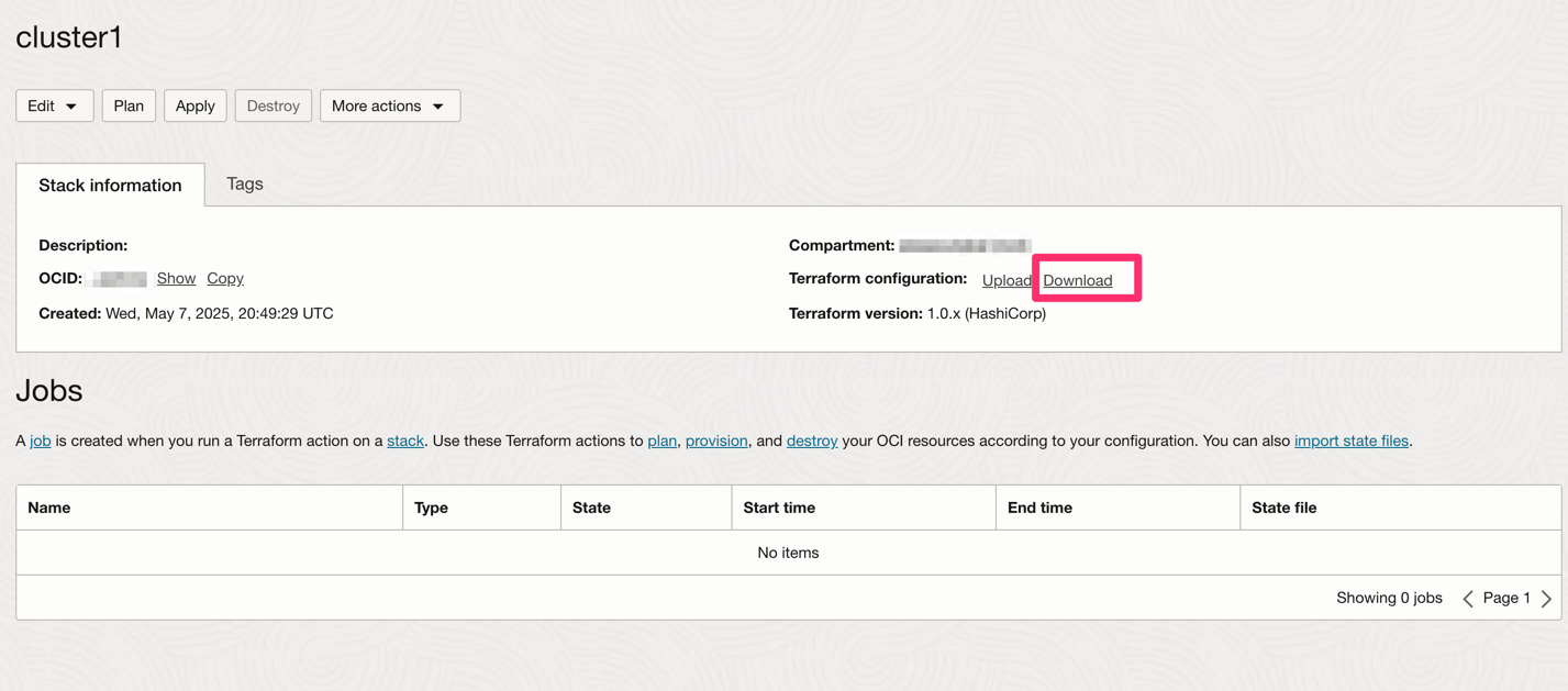 Download Terraform config from OCI Stack