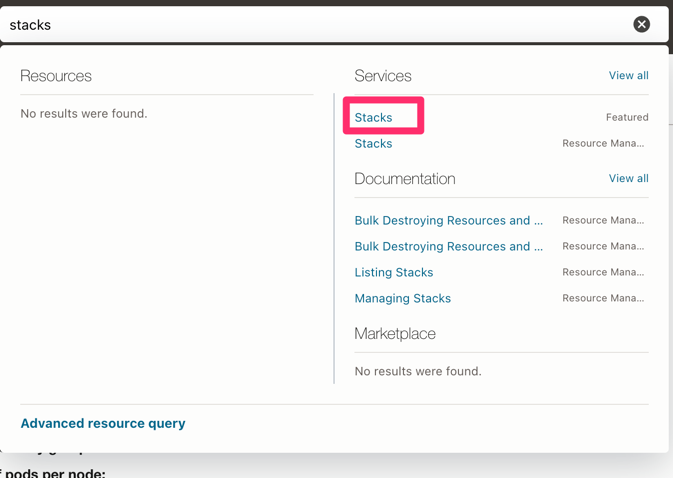 OCI console Stacks search